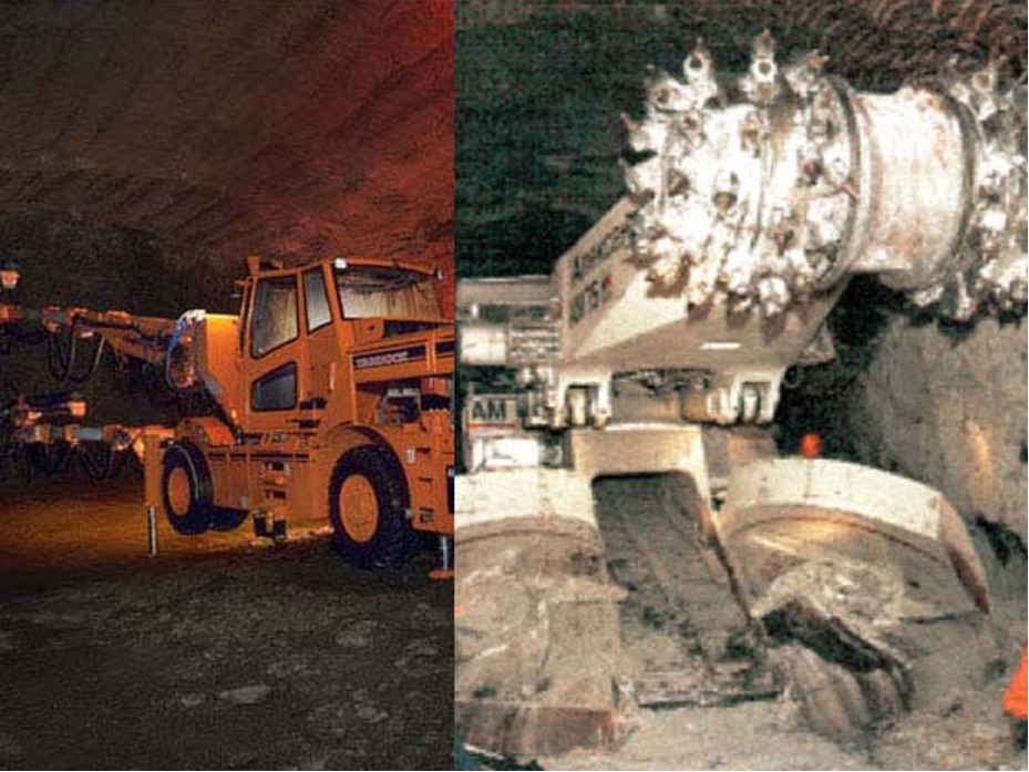 Underground roadheader operating at a tunnel face